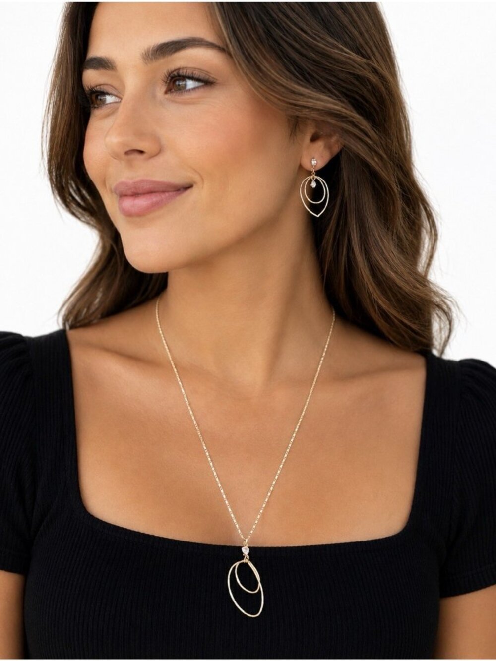 LC Lauren Conrad Goldtone Dainty Long Oval Hoop Charm Necklace 35" & Earring SET